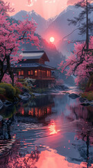 Fototapeta premium Tranquil river to Japanese dojo, cherry blossoms, colorful trees.generative ai