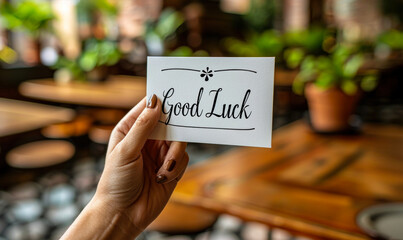 Hand holding a Good Luck card with elegant script font, a gesture of encouragement and positivity, wishing success and fortune, ideal for new beginnings and challenges