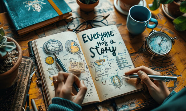 Inspirational message Everyone Has a Story displayed on a notebook with a pen, clock, and notepads on a desk, evoking storytelling and personal journeys