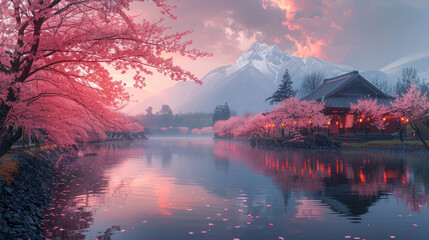Tranquil river to Japanese dojo, cherry blossoms, colorful trees.generative ai - obrazy, fototapety, plakaty