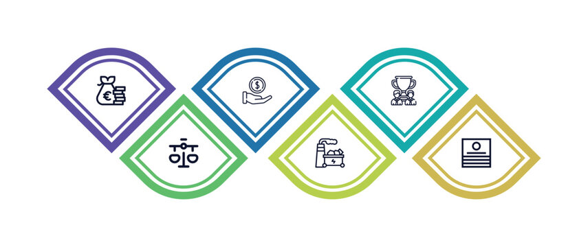 outline icons set from business concept. editable vector included euro money bag, man with money gears, success man, scale in balance, mining cart, color business card icons. infographic template