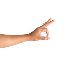 Male hand in OK gesture on white background, business concept.