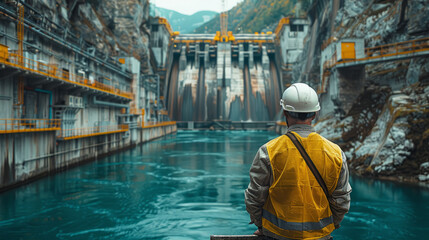 A dam engineering doing his checking routine. . He is standing by the rail by the dam,generative ai