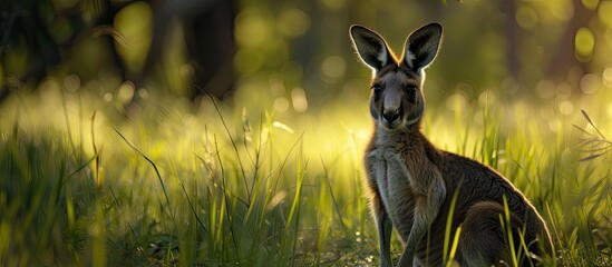 A kangaroo is sitting in the grass, facing the camera with a curious expression. The kangaroos ears are perked up, and it seems to be observing its surroundings intently.