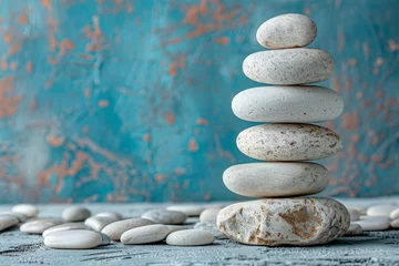 Tuinposter Stenen in het zand A balanced stack of stones on a blue background, representing the principles of zen and tranquility.
