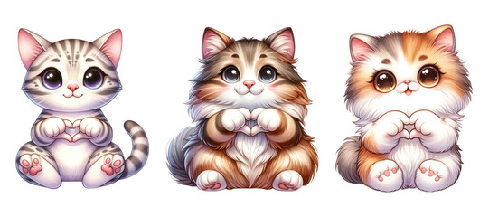 Cute Cats Giving Heart Hand Sign. Watercolor Clipart