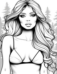 Fototapeta premium Portrait of a beautiful girl in a swimsuit. Black and white illustration for a coloring book. Antistress coloring book for children and adults