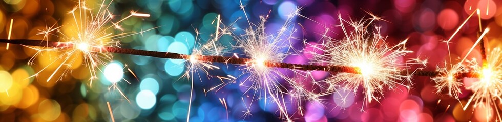 A dynamic display of multicolored sparklers, each emitting a different shade, with a backdrop of soft-focus, rainbow-colored bokeh lights, representing the diversity and joy of the New Year.