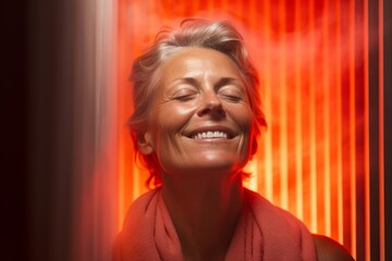 Canadian woman during an Infrared Sauna Therapy session, experiencing deep relaxation and detoxification