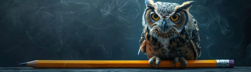 Foto op Plexiglas A chibi owl perched on a pencil, overseeing a night of creative brainstorming, inspiration personified © Atchariya63