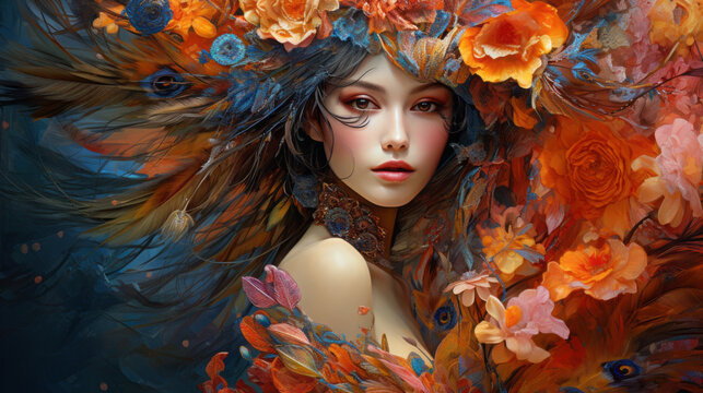 Beautiful Woman. Wallpaper background depicting fantasy art. vibrant hues of autumn leaves in her hair, capturing the essence of seasonal grace and natural beauty