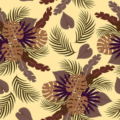 Seamless pattern with hand drawn tropical monstera and palm leaves on yellow background.