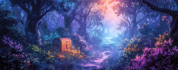 Early dawn in a chibi forest world, a treasure chest sits at the end of a path, guarded by mythical creatures © Atchariya63