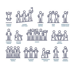 People basic positions and movement postures in outline icons collection set, transparent background. Labeled elements list with different jumping, waving, standing. - obrazy, fototapety, plakaty