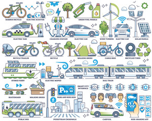 Sustainable transportation and green logistics outline collection set, transparent background.Drive using EV, hybrid vehicle or environmental friendly solutions illustration.