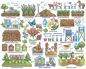 Regenerative agriculture practices for sustainable farming outline collection, transparent background. Elements set with nature friendly and ecological gardening as nature conservation.