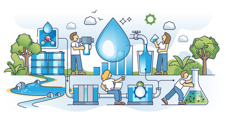 Water purification systems and sewage filtration process outline concept, transparent background. Polluted wastewater treatment station with chemical, filter and UV lamp stages illustration.
