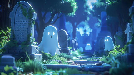 Wide scene of a haunted graveyard, chibi ghosts floating around, tombstones casting long shadows