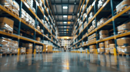 Blurred background of Warehouse industrial and logistics companies. Commercial warehouse. Huge distribution warehouse with high shelves. Low angle view. - obrazy, fototapety, plakaty