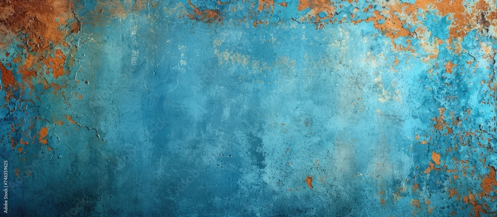 Poster a close-up photograph showcasing a rusty metal surface with patches of blue and orange paint, creati