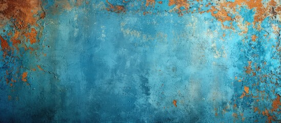 A close-up photograph showcasing a rusty metal surface with patches of blue and orange paint, creating an abstract and artistic texture.