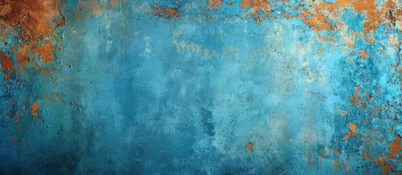A close-up photograph showcasing a rusty metal surface with patches of blue and orange paint, creating an abstract and artistic texture.
