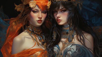 Naklejka premium Colorful Mardi gras carnival masks. Traditional Venice festival. Harmony in Diversity: A Visual Ode to Interconnected Cultures Graffiti surreal beautiful woman. portrait of a two young beautiful women