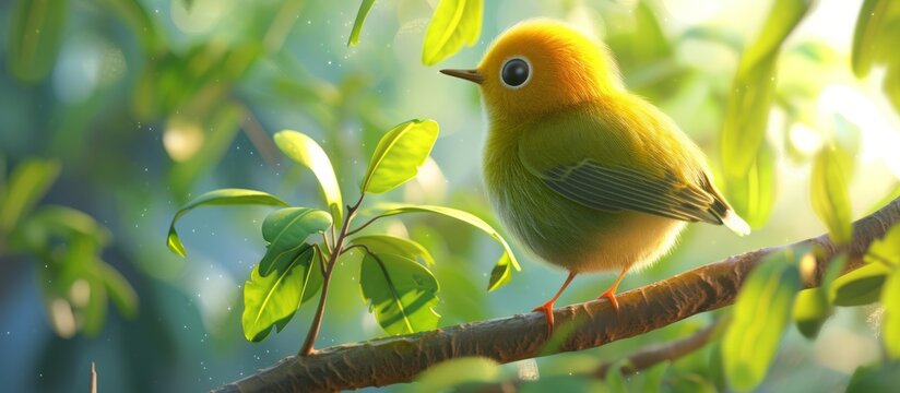 Serene bird perched on lush green branch amidst beautiful leaves in nature