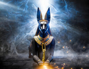 Mystical egyptian god pharaoh with fire and smoke - obrazy, fototapety, plakaty
