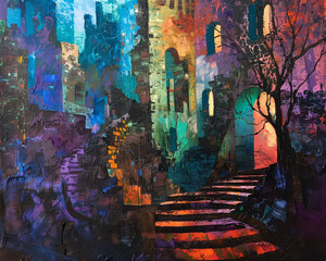Classic Ruined Abstract Architecture Scene Colorful Oil Painting old style Drawing Technique Art HD Print 7200x5760 Neo Art V2 22