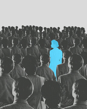 Blue silhouette pf person standing in monochrome crowd of different people. Conceptual design. Individualism in modern society. Concept of psychology, loneliness in society, difference