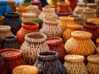 Many Wicker Baskets on Handicraft Market, New Wickerwork, Hand Made Basket, Bamboo Containers