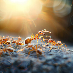Micro World Marvel: Close-Up of Ants Working Together in Harmony, Illuminated by Golden Sunlight, a Testament to Nature's Industriousness - obrazy, fototapety, plakaty
