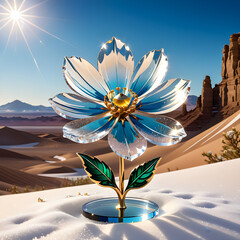 A cosmos flower, crafted from crystal glass, gemstones, and gold, stands elegantly against a desert backdrop, radiating surreal beauty amidst falling snow.(Generative AI)