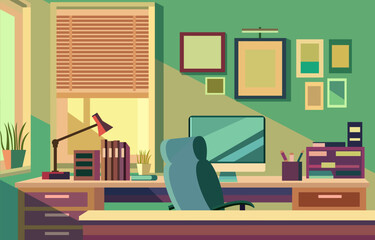 Flat Design Illustration of Colorful Workplace Landscape with Monitor and Books on a Desk