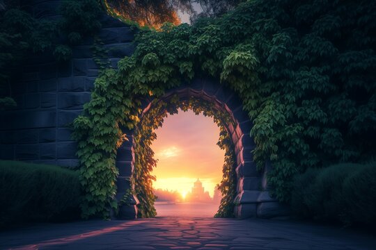 A majestic, stone archway overgrown with ivy, marking the entrance to an ancient kingdom at sunset