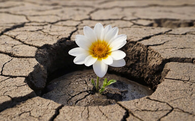 Blooming flower in the cracked dry mud