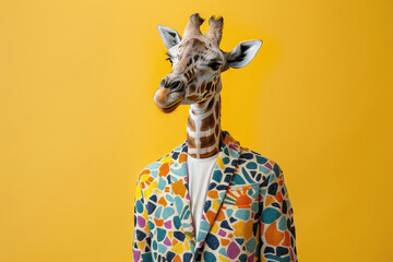 Giraffe in a suit with a mosaic of bright geometric shapes combined with a plain ivory t-shirt on a yellow studio background