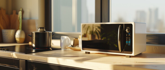 A modern kitchen with a sleek microwave, signaling readiness for culinary adventure.