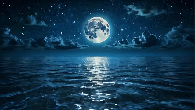 Romantic Moon With Clouds And Starry Sky Over Sparkling Blue Water