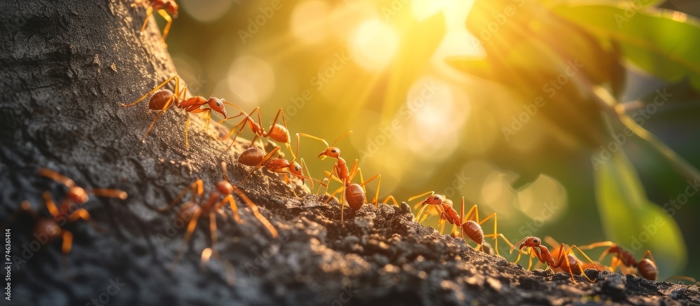 Poster Macro close up of tiny ants crawling on a large tree trunk in the forest