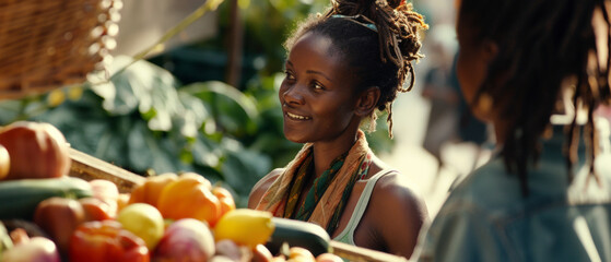 Cheerful woman shopping for fresh vegetables at a sunny market stall.