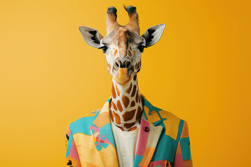 Giraffe in a suit with a mosaic of bright geometric shapes combined with a plain ivory t-shirt on a yellow studio background - obrazy, fototapety, plakaty