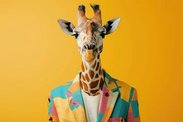 Gordijnen Giraffe in a suit with a mosaic of bright geometric shapes combined with a plain ivory t-shirt on a yellow studio background © boxstock production