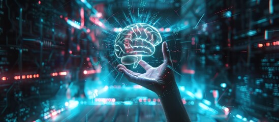 Fototapeta na wymiar Businessman hand holding digital human brain technology background. AI generated image