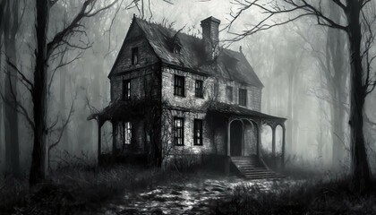 A dilapidated house deep in a dark forest, seemingly inhabited by ghosts.
