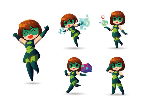 green eco little Super Hero Girl short hair Mascot Character Set2