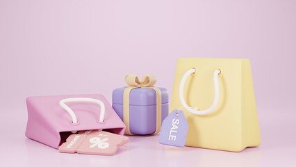 3D Illustration of Colorful Shopping Bag with Sale Tag, gift voucher, gift box.