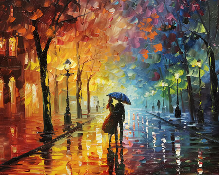 Street Scene Love Couple Colorful Oil Painting old style Drawing Technique Art HD Print 7200x5760 Neo Art V2 6