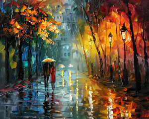 Street Scene Love Couple Colorful Oil Painting old style Drawing Technique Art HD Print 7200x5760 Neo Art V2 5